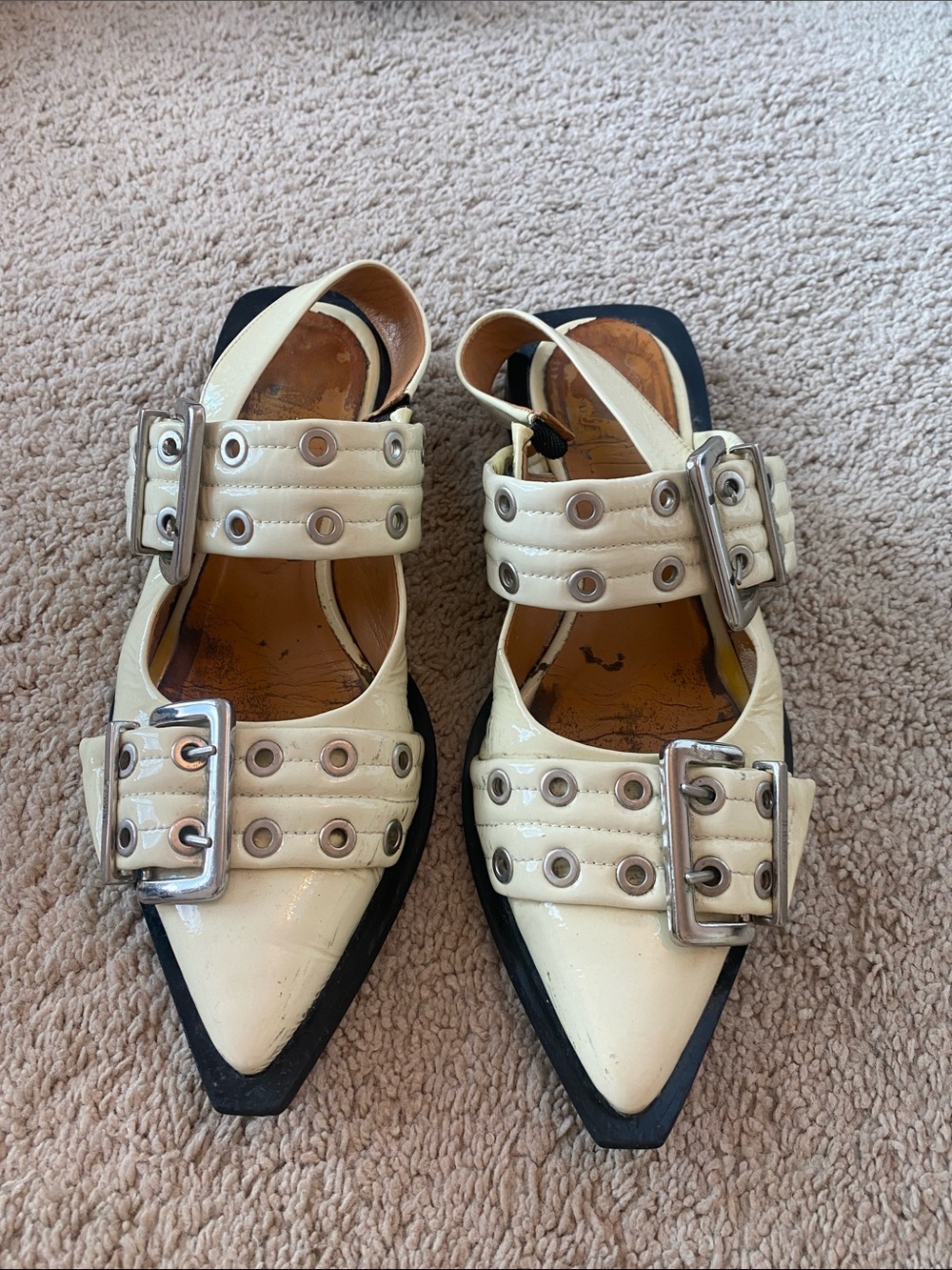 Ganni Cream Pointed-Toe Buckle Flats with Eyelet Straps